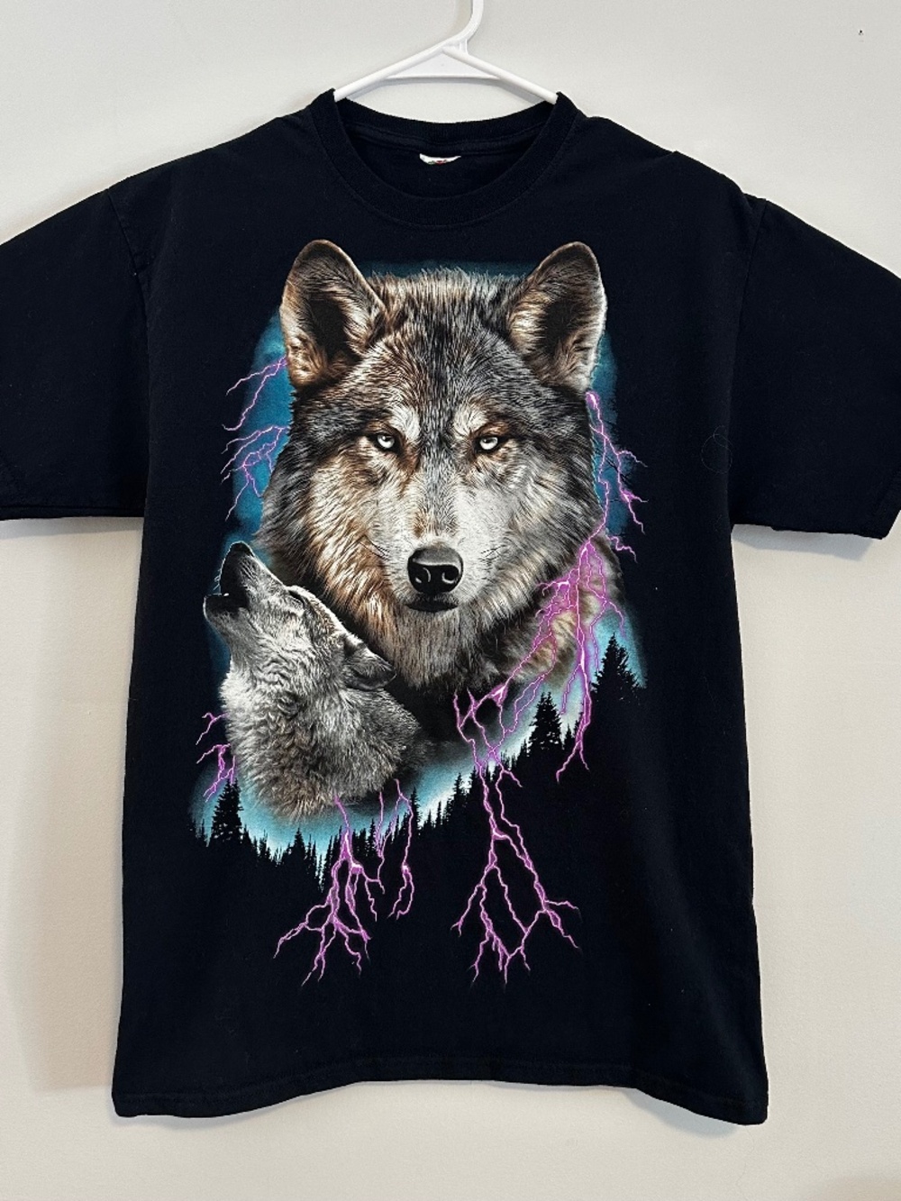 Men's Wolf & Lightning Graphic Print T-Shirt Small Black Y2K Short Sleeve